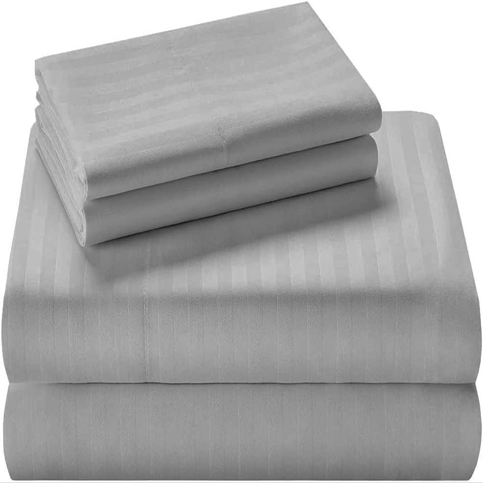 100% Organic Cotton Sheets for California Queen Size Bed, 400 Thread Count Soft Cooling Sheets Easy Fit -18''-20'' Inch Deep Pockets - 4 Piece Bed Sheets California Queen Sheet Set, Silver Grey Stripe