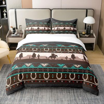Full Size Duvet Cover Cowboy Horseshoe Country Style 100% Pure Cotton Comforter Cover Bohemian Exotic Grey Brown Bedding Set with 2 Pillowcases for Teens Adults Horseshoe Wildlife Ainmals Quilt Cover