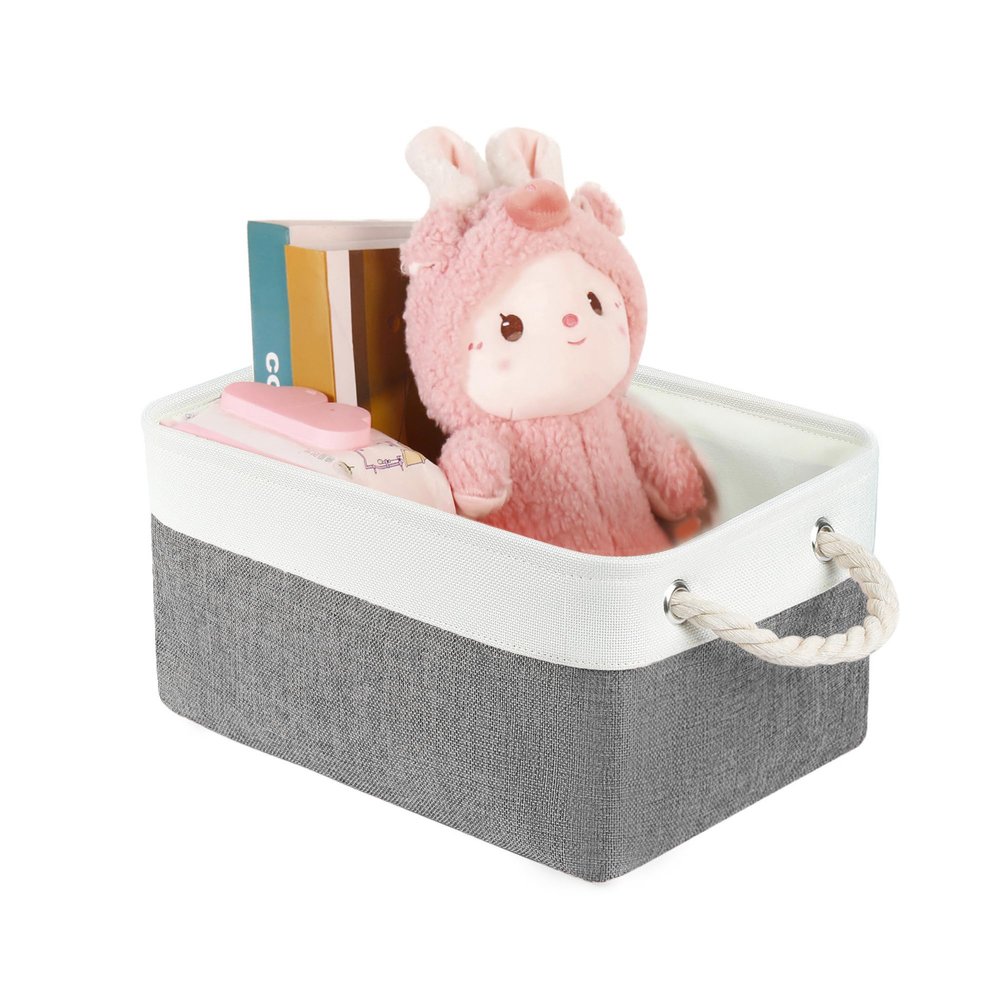LordCom Storage Bins with Sturdy Cotton Handles(1 Pack), Fabric Storage Baskets for Organizing use for Office & Home, Book, Clothes, Toys, Closet Boxes (Small, Grey-White, 12.2x8.3x6.3 inches)