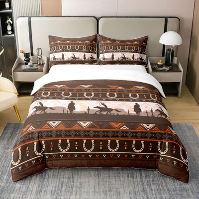Castle Fairy Full Size Duvet Cover Set Western Cowboy Horseshoe Comforter Cover Set 100% Pure Cotton Vintage Farmhouse Wooden Duvet Cover Set Brown Bohemian Exotic Bedding Set 3 Pcs(No Filler)