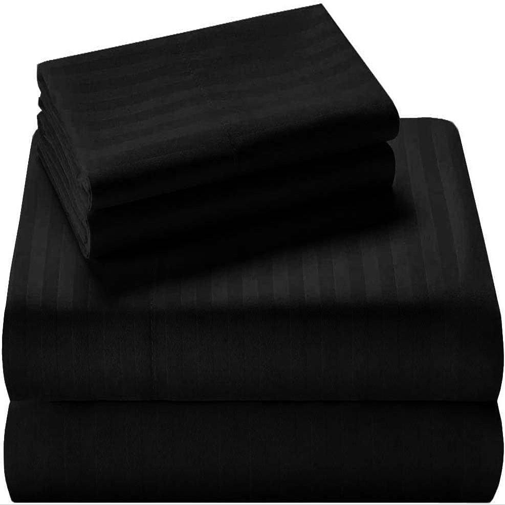 100% Organic Cotton Sheets for Full XL Size Bed, 400 Thread Count Soft Cooling Sheets Easy Fit -18''-20'' Inch Deep Pockets - 4 Piece Bed Sheets Full XL Sheet Set, Black Stripe