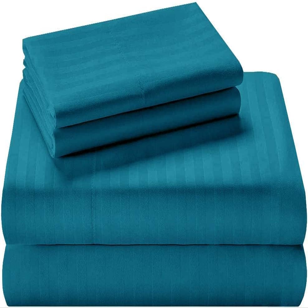 100% Organic Cotton Sheets for Queen Size Bed, 400 Thread Count Soft Cooling Sheets Easy Fit -18''-20'' Inch Deep Pockets - 4 Piece Bed Sheets Queen Sheet Set, Turquoise Stripe