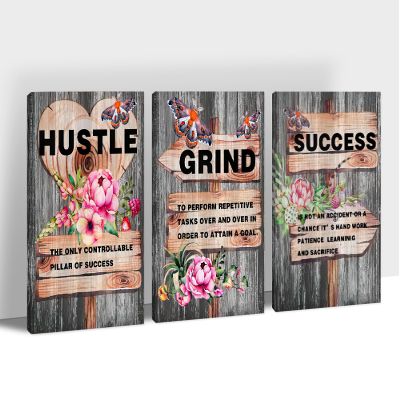 3 Piece Inspirational Wall Art, Motivational Quotes Canvas Art Prints for Gym Decor, Office Wall Art HUSTLE GRIND SUCCESS Pictures, Inspiring Poster Framed Artwork for Home Office Decor 12x18x3Pcs