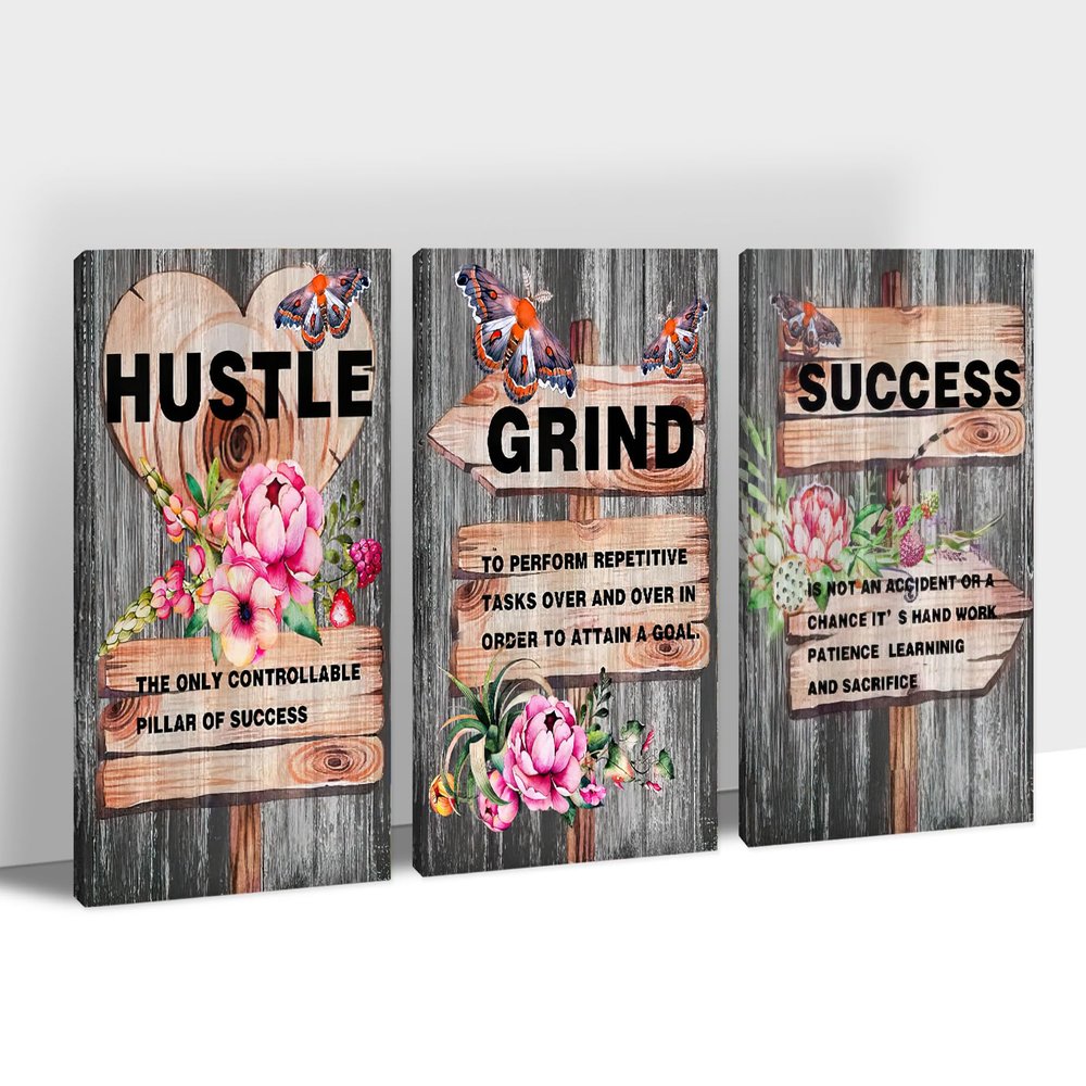 3 Piece Inspirational Wall Art, Motivational Quotes Canvas Art Prints for Gym Decor, Office Wall Art HUSTLE GRIND SUCCESS Pictures, Inspiring Poster Framed Artwork for Home Office Decor 12x18x3Pcs