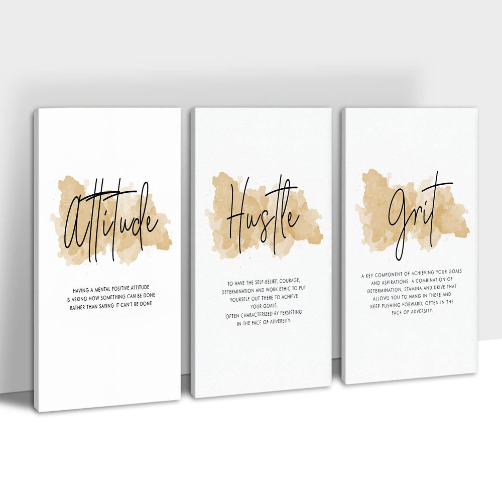 3 Piece Inspirational Wall Art - Attitude Hustle Grit Motivational Quotes Canvas Art for Women Room Decor, Office Wall Art Pictures, Inspirational Poster Framed Artwork for School Decor 12x18x3Pcs