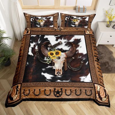 Western Cowboy Kids Duvet Cover Set King Size,Cow Skull Horseshoes Wooden Plank Bedding Set,Boys Girls Adults Room Decor,Cow Fur Rustic Farmhouse Comforter Cover,Retro Quilt Cover,2 Pillowcases