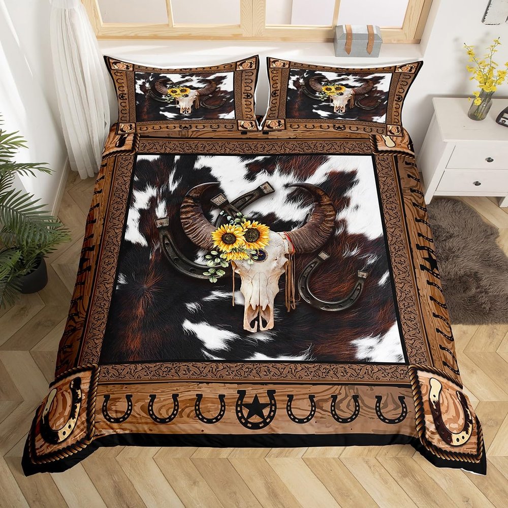 Western Cowboy Kids Duvet Cover Set King Size,Cow Skull Horseshoes Wooden Plank Bedding Set,Boys Girls Adults Room Decor,Cow Fur Rustic Farmhouse Comforter Cover,Retro Quilt Cover,2 Pillowcases