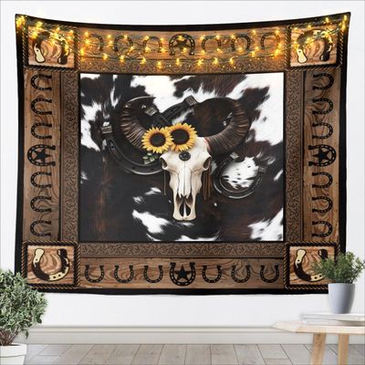 Western Cowboy Kids Tapestry,Cow Skull Horseshoes Wooden Plank Wall Tapestries,Boys Girls Adults Room Decor,Cow Fur Rustic Farmhouse Wall Hanging,Retro Home Wall Decor,Small 51.2 x 59.1 Inches
