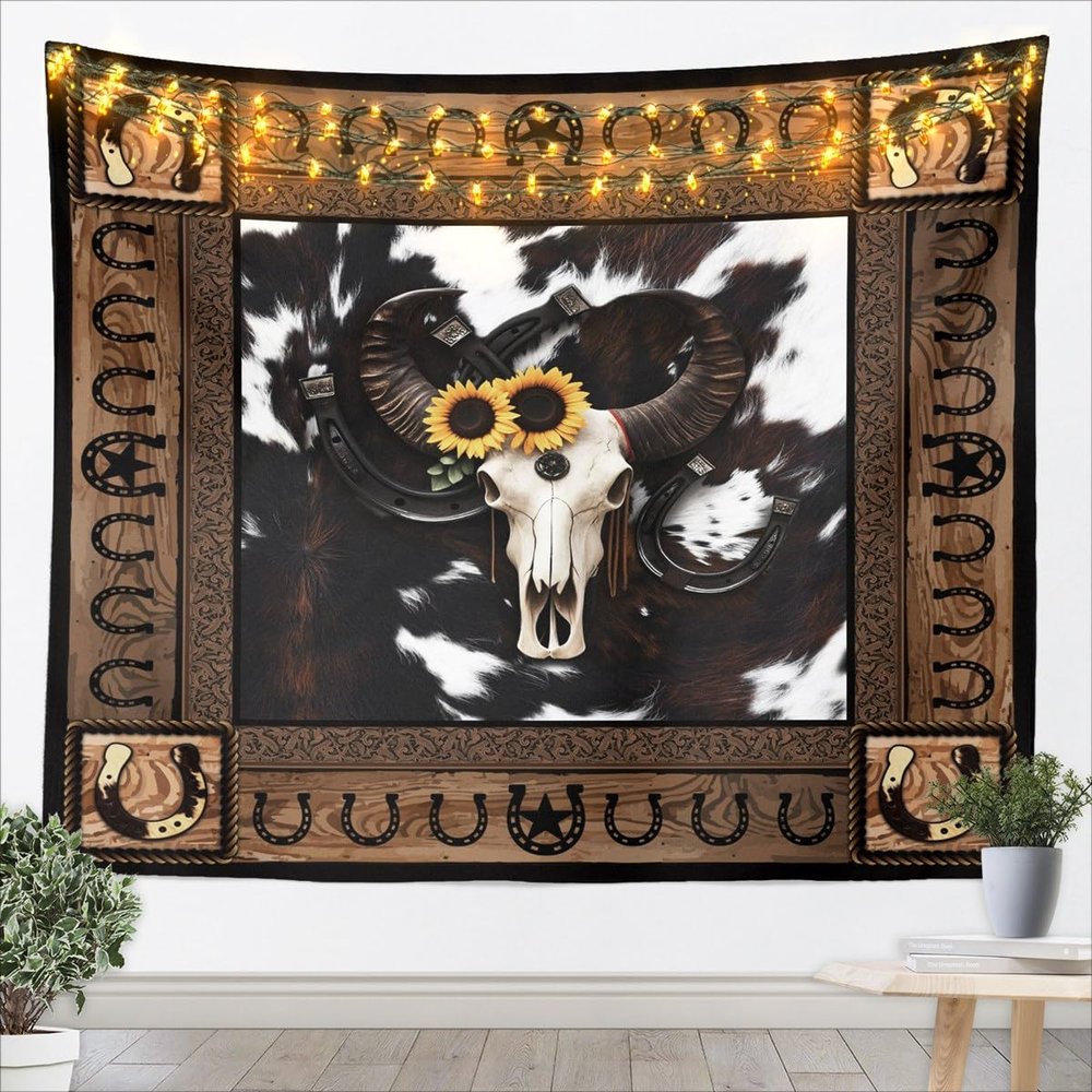 Western Cowboy Kids Tapestry,Cow Skull Horseshoes Wooden Plank Wall Tapestries,Boys Girls Adults Room Decor,Cow Fur Rustic Farmhouse Wall Hanging,Retro Home Wall Decor,Small 51.2 x 59.1 Inches