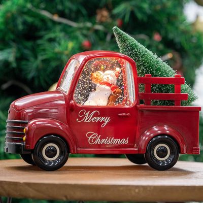 Xindian Musical Red Truck Snow Globe with Swirling Glitter, Snowman & Dog, Carrying Christmas Tree, Spinning Water Lantern for Christmas Decor