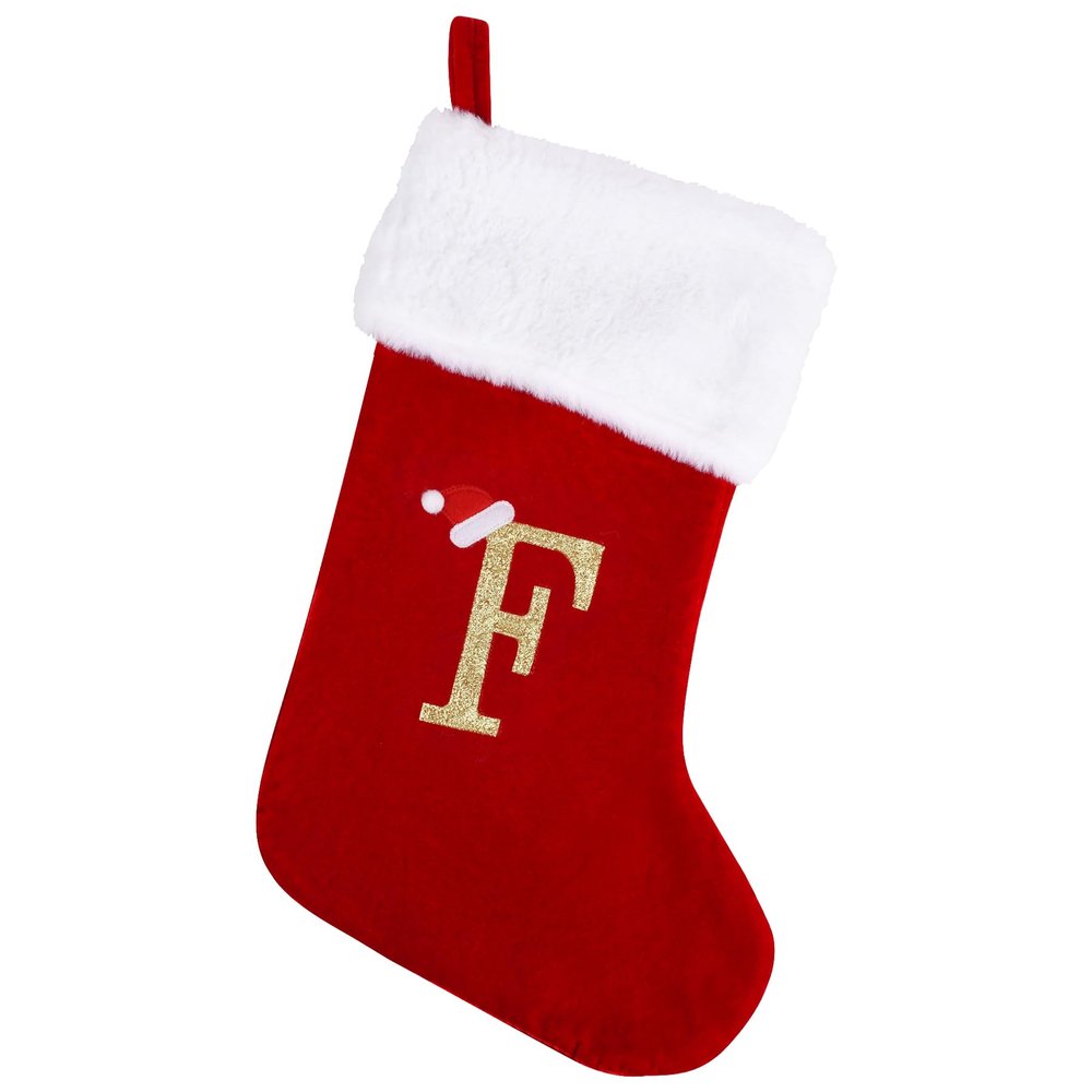 20 Inches Monogram Christmas Stockings with Letters, Large Super Soft Christmas Stockings Red Velvet with White Super Soft Plush Cuff for Christmas Xmas Tree Holiday Fireplace (F)