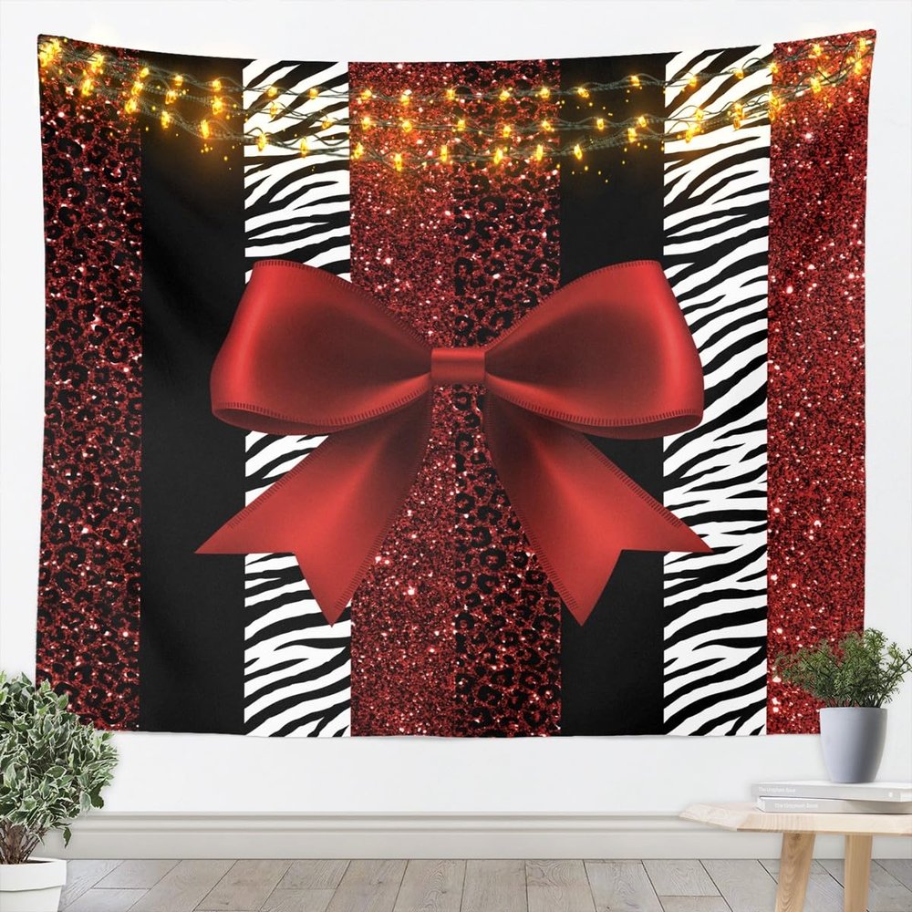 Bowknot Kids Tapestry,Glitter Leopard Zebra Skin Fashion Wall Tapestries,Girls Women Room Decor,Geometric Stripes Patchwork Wall Hanging,Red Black Romantic Home Wall Decor,Large 59.1 x 82.7 Inches