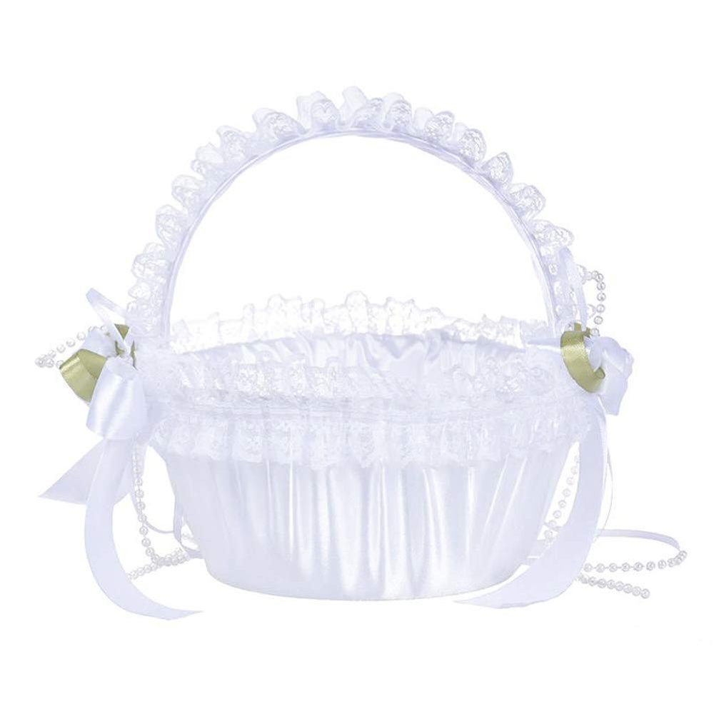 Wedding Flower Girl Basket, White Lace Flower Basket For Weddings Elegant Large Weddings Baskets with Lace Decorated Petals Storage Basket Modern Candy Basket for Wedding Party Decoration