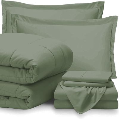 GOKOCO 100% Egyptian Cotton 800 Thread Count 400GSM 7Pcs Comforter Set and Sheet Set 18" Deep Pocket (Comforter, Flat Sheet, Fitted Sheet, Pillowcases, Pillow Sham) - Oversized Queen Size - Sage