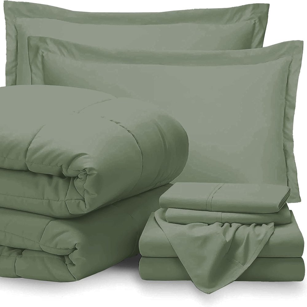 GOKOCO 100% Egyptian Cotton 800 Thread Count 400GSM 7Pcs Comforter Set and Sheet Set 18" Deep Pocket (Comforter, Flat Sheet, Fitted Sheet, Pillowcases, Pillow Sham) - Oversized Queen Size - Sage