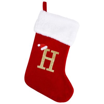 20 Inches Monogram Christmas Stockings with Letters, Large Super Soft Christmas Stockings Red Velvet with White Super Soft Plush Cuff for Christmas Xmas Tree Holiday Fireplace (H)