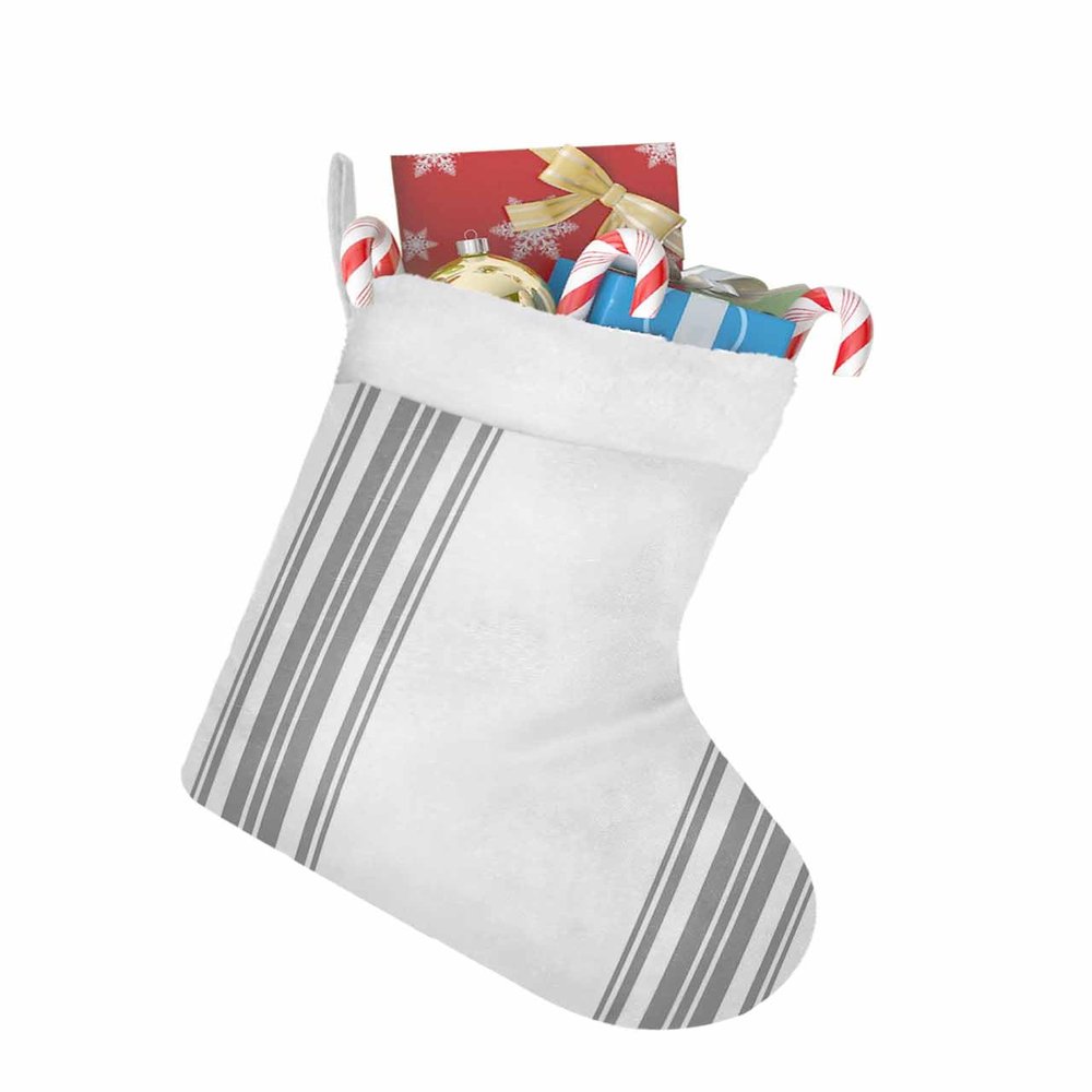 Christmas Stockings 1 pcs Gray Stripe Vertical Stripes White Christmas Stocking with Cuff Xmas Stockings for Stairs Fireplace Hanging Xmas Home Interiors Decor 18" x12"