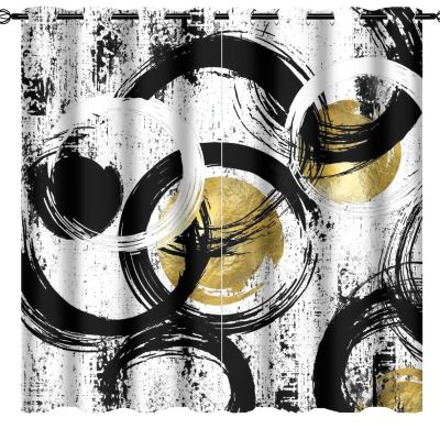 Abstract Modern Circle Art Curtains - Grunge Style Black White Geometric Texture Gold Foil Print Thermal Insulated Blackout Curtains - Grommet Top Window Drapes for Bedroom 63L x 31.5W,2 Panels