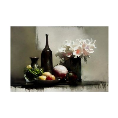 Trademark Fine Art Canvas Wall Art - Treechild 'Stilllife With Black Bottle' Wall Art for Living Room, Bedroom, or Office Dcor 24 x 16 Inches