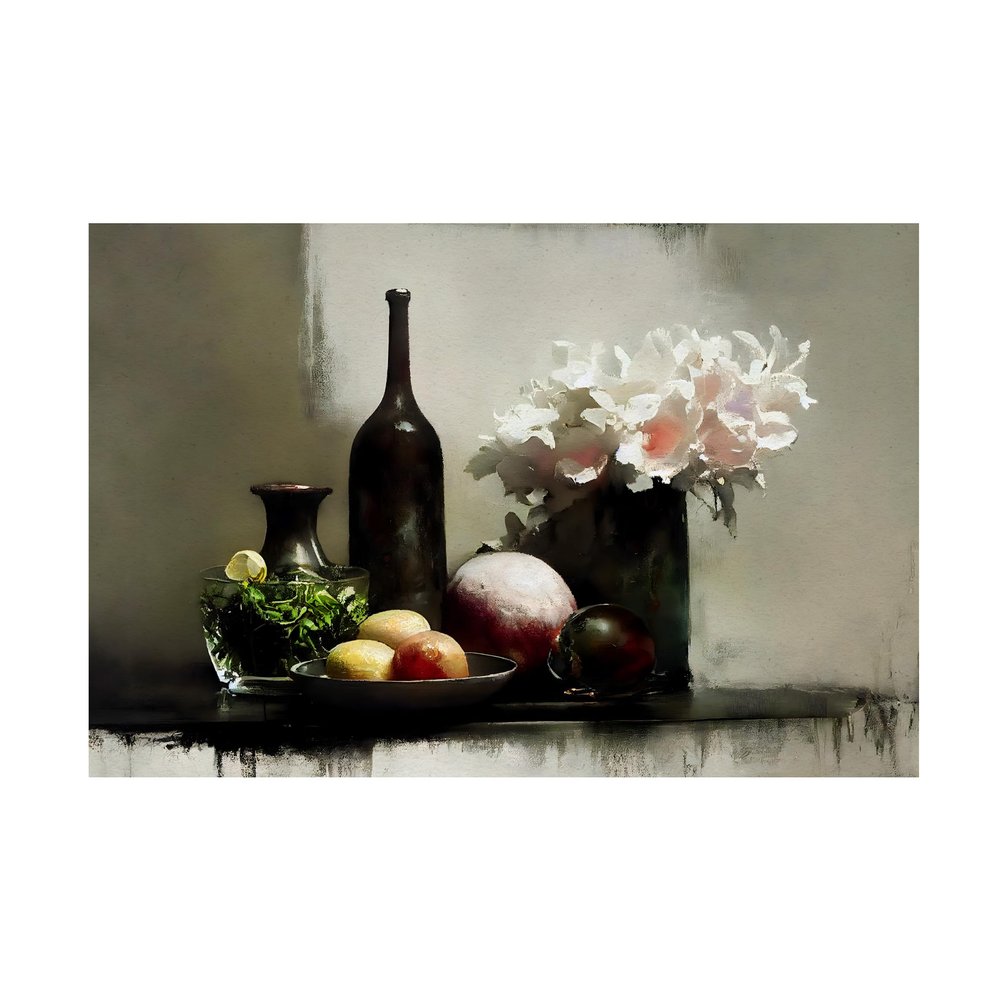 Trademark Fine Art Canvas Wall Art - Treechild 'Stilllife With Black Bottle' Wall Art for Living Room, Bedroom, or Office Dcor 24 x 16 Inches