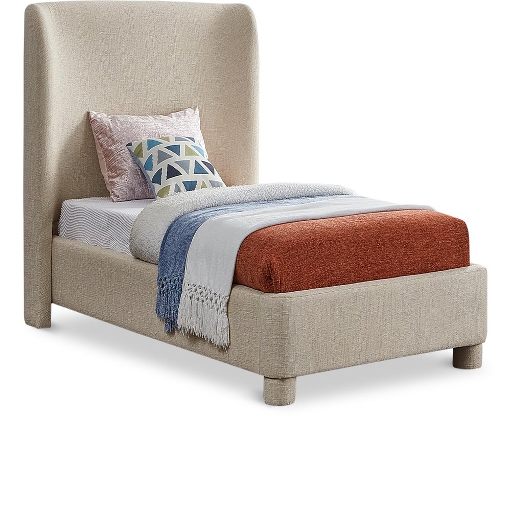 Meridian Furniture B1205Beige-T Penny Collection Modern | Contemporary Twin Bed with Rich Beige Linen Textured Fabric, Curved Headboard, 52" W x 82.5" D x 52" H, Beige, Twin