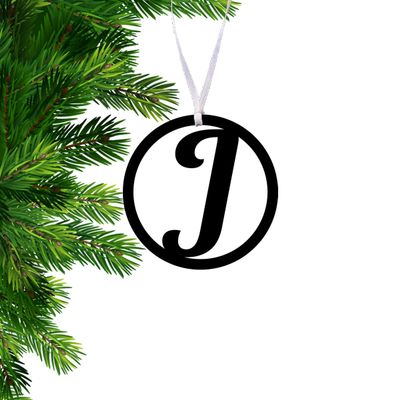Black Initial J Christmas Ornament - Initial J Stocking Tag - Monogram Initial J Car Rear View Mirror Ornament Hanging - Gift Bag Tag and Boxes - Garland Initial Decor (J)