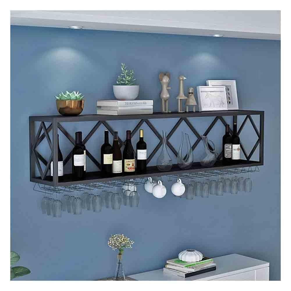 Bar Unit Floating Shelves, Wall-Mounted Wine Racks Inverted Wine Glass Rack Multifunctional Iron Bottle Holder Simple Hanging Goblet Rack For Home, Bar, Cafe, Kitchen, Wine Cellar Etc. ( Color : Black