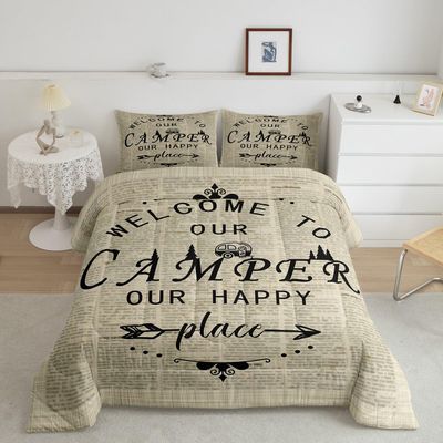 Homewish RV Camper Full Size Comforter Set,Happy Camping Bedding Set for Adults Teens,Children Retro Newspaper Comforter Luxury Outdoor Travel Quilt Set Room Decor 3Pcs