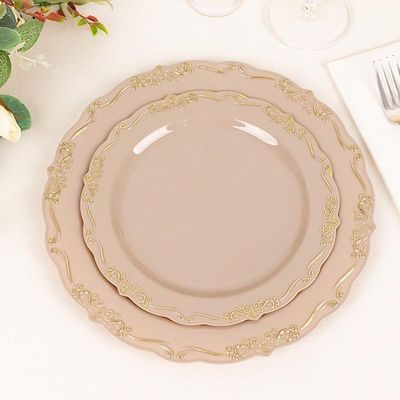 Balsa Circle 10 Round 8 in Taupe Disposable Salad Dinner Plastic Plates Embossed Scalloped Trim Party Events Tableware Decorations Supplies
