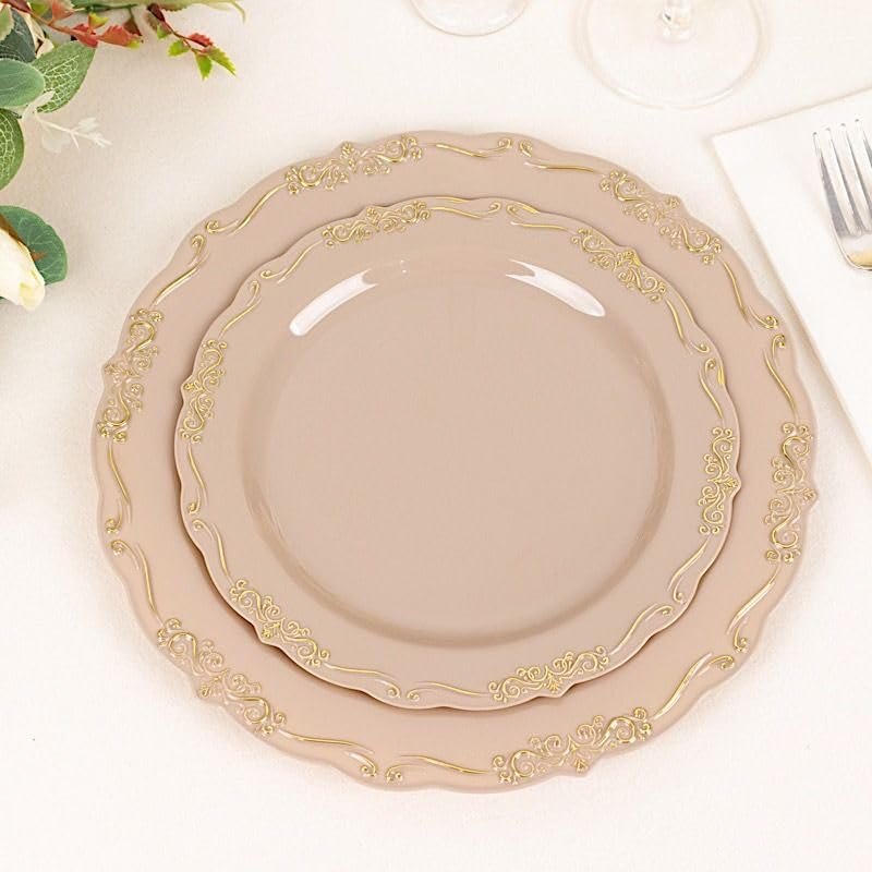 Balsa Circle 10 Round 8 in Taupe Disposable Salad Dinner Plastic Plates Embossed Scalloped Trim Party Events Tableware Decorations Supplies