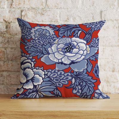 Zyadsinoudor Asian Style Pillow Cover Red and Blue Chinoiserie Floral Pillow Case Japanese 16x16in Decorative Pillow Home Cotton Linen Elegant Cushion Cases for Sofa Couch Living Room Bedroom