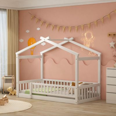 BestLM Twin Size Wooden House Bed for Kids, Wood Platform Bed Frame with Fence, Roof, and Safety Guardrail for Kids, Teens, Girls, Boys, White