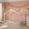 BestLM Twin Size Wooden House Bed for Kids, Wood Platform Bed Frame with Fence, Roof, and Safety Guardrail for Kids, Teens, Girls, Boys, White view 1