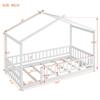 BestLM Twin Size Wooden House Bed for Kids, Wood Platform Bed Frame with Fence, Roof, and Safety Guardrail for Kids, Teens, Girls, Boys, White view 2