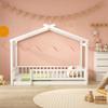 BestLM Twin Size Wooden House Bed for Kids, Wood Platform Bed Frame with Fence, Roof, and Safety Guardrail for Kids, Teens, Girls, Boys, White view 3