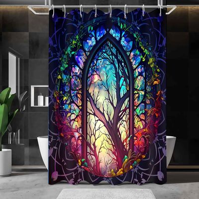 NTETSN Fantacy Castle Window Shower Curtain, Arched Door Through Fairy Tale Forest, Stained Windows Circle Scenery Polyester Cloth Bathroom Decor Curtains Set with Hooks,Mini 48x72 Inch