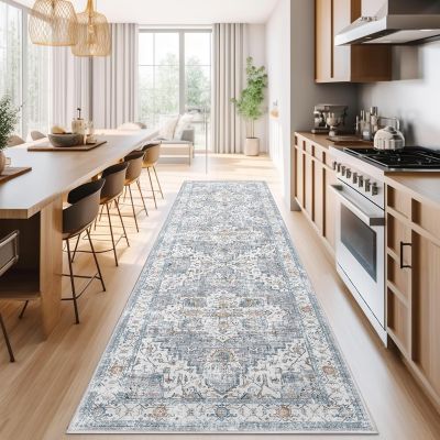 jinchan Runner Rug 3x7 for Hallway - Kitchen Machine Washable Vintage Floral Non-Slip with Rubber Backing Ultra-Thin Low-Pile Carpet Runner for Bedroom Laundry Room (3x7ft, Grey/Blue)