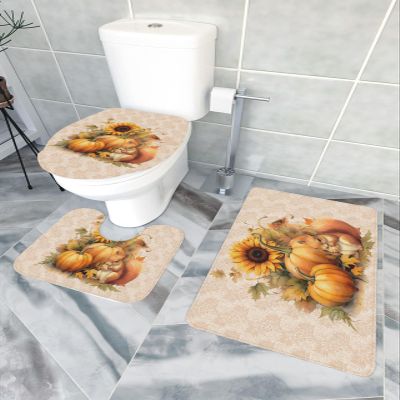 Bath Mat 3 Piece Bathroom Rug Sets, Squirrel Pumpkin Fall Non Slip Bath Rug Contour Mat and Toilet Lid Cover, Absorbent Shower Mat Soft Bath Rug and Mat Set Thanksgiving Floral Rustic Texture Small