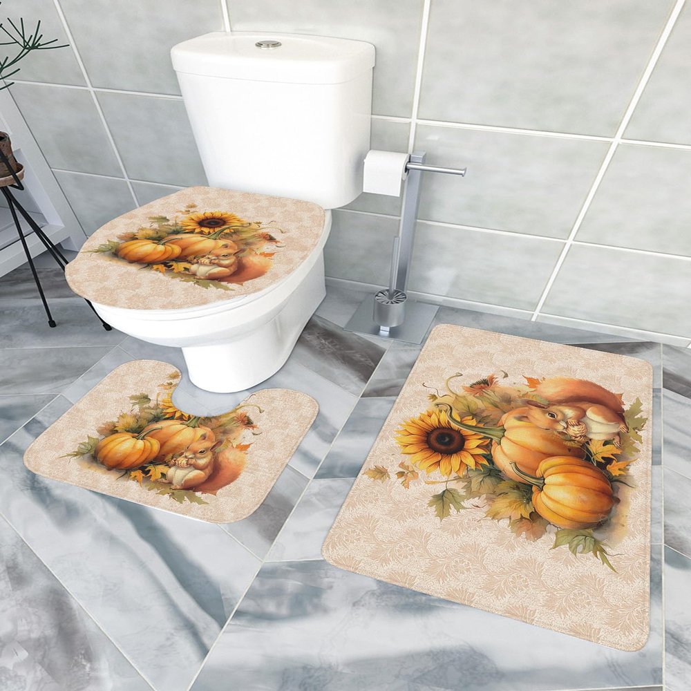 Bath Mat 3 Piece Bathroom Rug Sets, Squirrel Pumpkin Fall Non Slip Bath Rug Contour Mat and Toilet Lid Cover, Absorbent Shower Mat Soft Bath Rug and Mat Set Thanksgiving Floral Rustic Texture Small