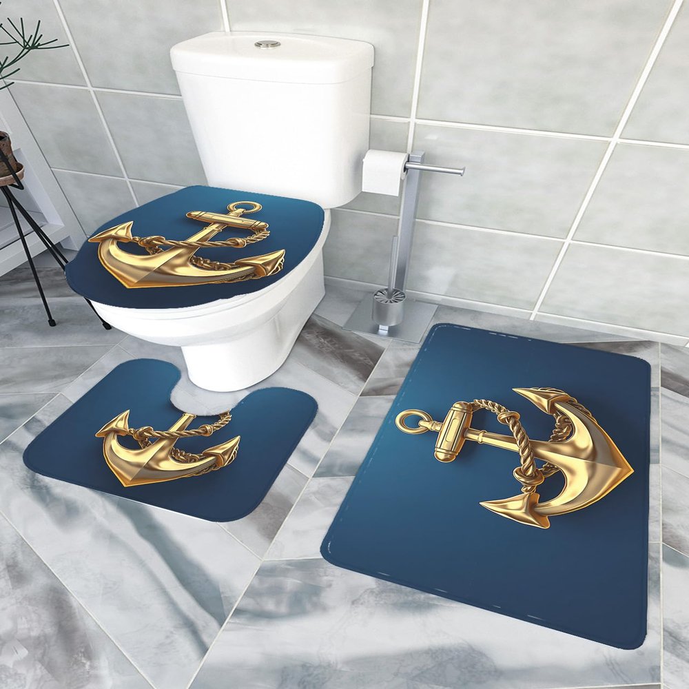 LEOSUCRE Bath Mat 3 Piece Bathroom Rug Sets, Metal Anchor Non Slip Bath Rug Contour Mat and Toilet Lid Cover, Absorbent Shower Mat Soft Bath Rug and Mat Set Blue Painting Backdrop Small