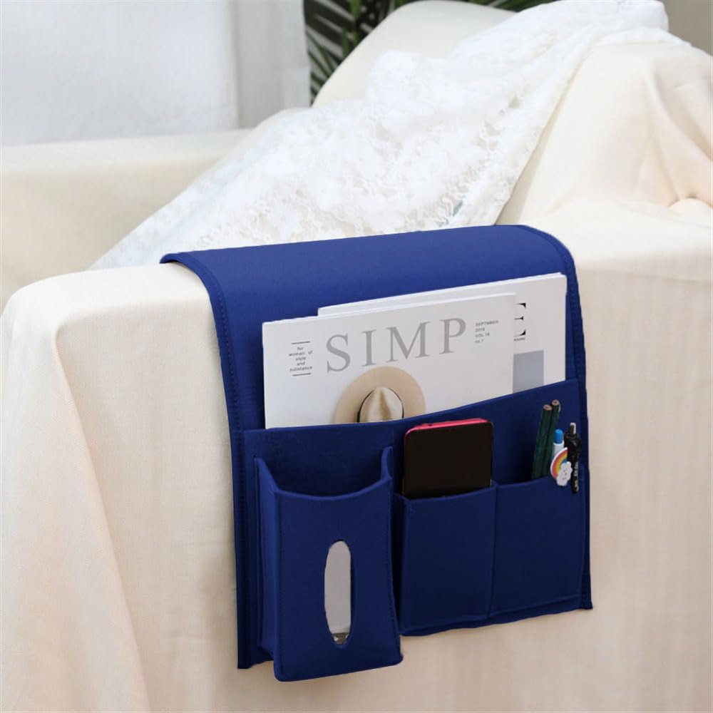 Liveinu Sofa Armrest Storage Organizer with Hook & Loop Bedside Caddy Hanging Storage Bag Non-Slip Armchair Caddy for Recliner Remote Holder, TV Control, Cell Phone,Dark Blue