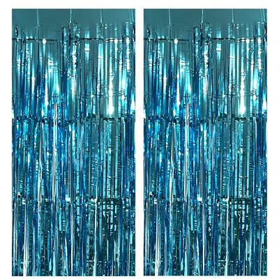 2PCS Party Decoration Backdrop 3.28*6.56 Feet Foil Fringe Curtain Tinsel Streamer Photo Backgrounds Hanging Decorations for Baby Shower Gender Reveal Birthday Wedding Themed Party Supplies Light Blue