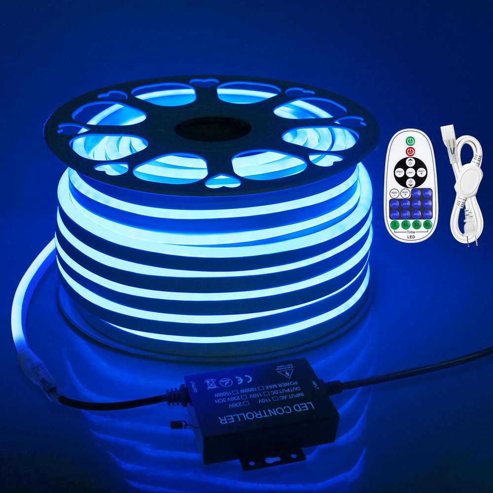 Samsion 45m Neon LED Rope Lights Outdoor Waterproof 150ft AC110V~130V Blue Neon LED Flexible Rope Lights with Dimmable Controller LED String Lights Strip for Outside Bedroom Garden Building Yard Decor