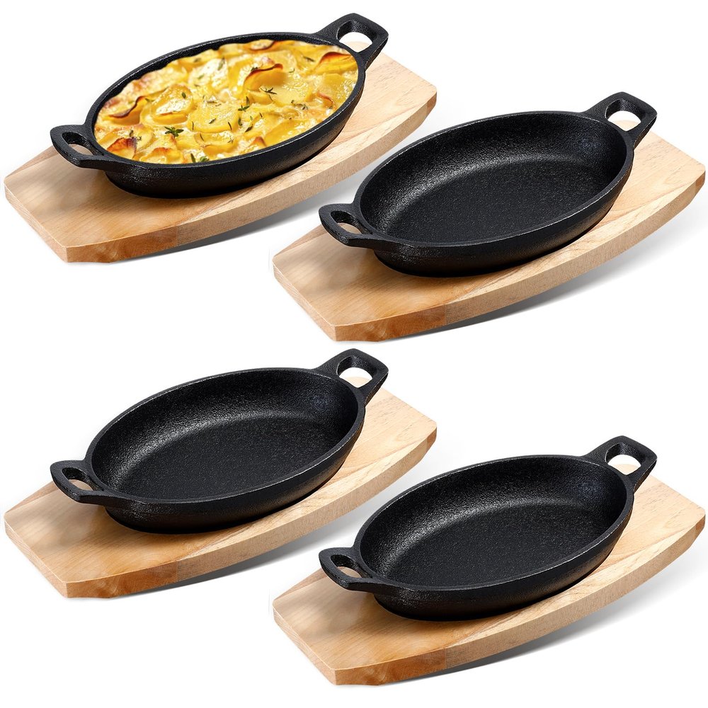 Mifoci 4 Pcs Mini Cast Iron Skillet with Wooden Base Small Cast Iron Fajita Plates Baker's Skillet Matte Black Pan Pot for Kitchen Restaurant Barbecue Dinner (8.7 x 4.7 x 1.6 Inches)
