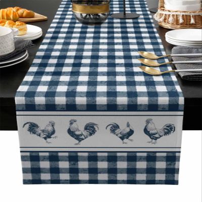 RisQiten Farmhouse Rooster Table Runner - 60 Inch Long Rustic Farm Animals Blue White Plaid Cotton and Linen Blended Dress Scarves Farmhouse Table Runner for Kitchen Dining, Coffee Table, 13" x 60"