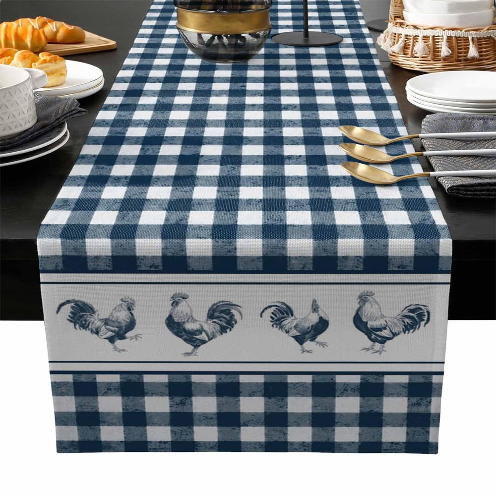 RisQiten Farmhouse Rooster Table Runner - 60 Inch Long Rustic Farm Animals Blue White Plaid Cotton and Linen Blended Dress Scarves Farmhouse Table Runner for Kitchen Dining, Coffee Table, 13" x 60"