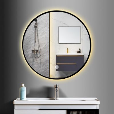 DELURA Black Mirror, Round Wall Mirror Metal Frame, Round Bathroom Mirror, Living Room, Bedroom, Vanity, Entryway, Hallway (Color : Blakd Warm Light, Size : 31.5in)