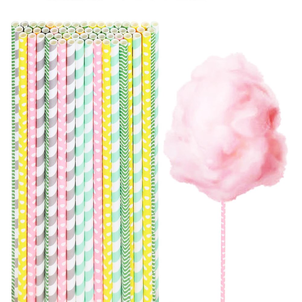 Cotton Candy Cones Penta Angel 50Pcs 13.8 Random Color Cotton Candy Holder Stick Paper Straw Cones for Birthday Wedding Party Candy Making (Random Color, 50)