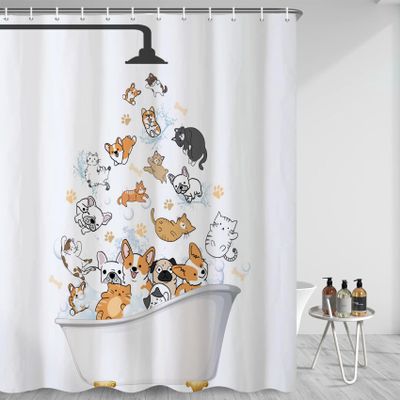Renaiss 72x72 Inches Cute Raining Cats Dogs Shower Curtain for Bathroom Decor Cartoon Animals Pets Playing Water in Bathtub Kids Bath Curtain Set Waterproof Fabric Polyester with Hooks