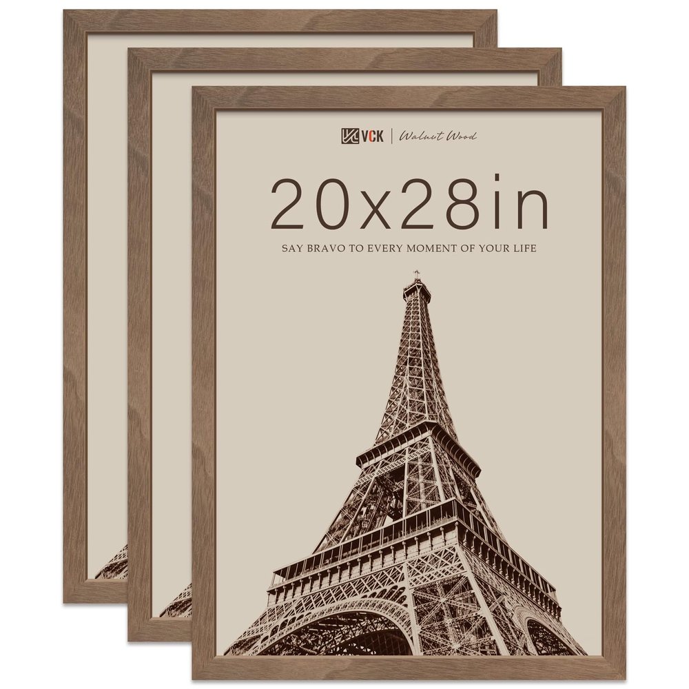 VCK 20x28 Poster Frame 3 Pack - Brown Walnut, Exclusive Natural Wood Grain Solid Wood Picture Frame, Wall Hanging